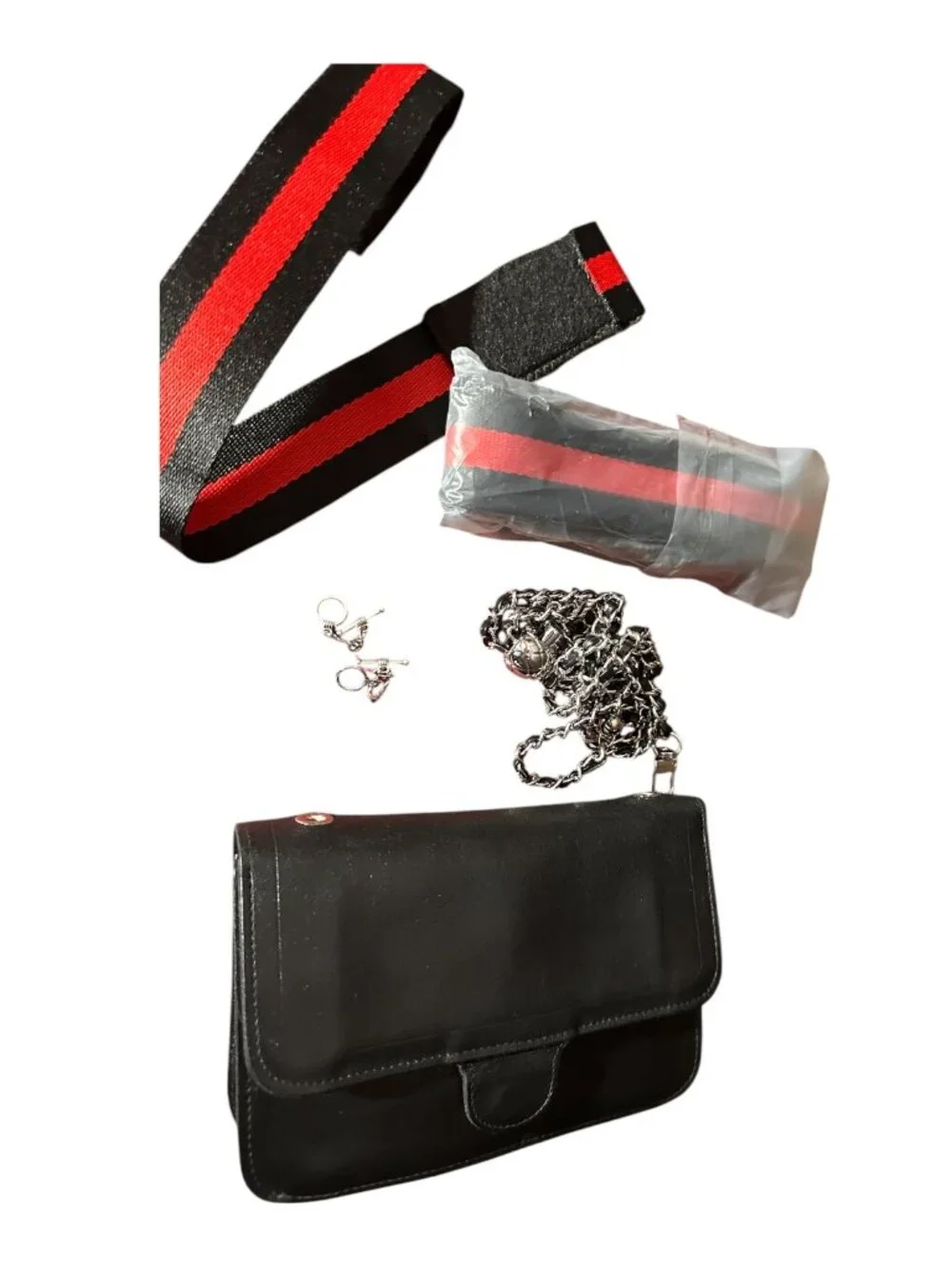 Black Mundi Leather Crossbody Bag w/Unbranded Black & Red Web